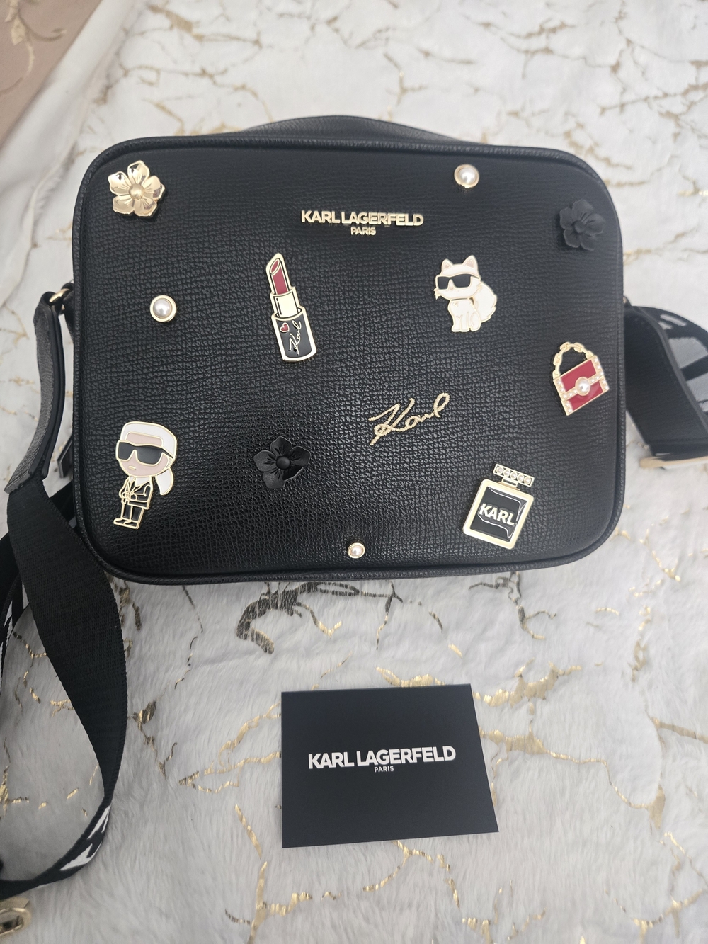 Karl Lagerfeld Black Crossbody Bag with Gold Accents